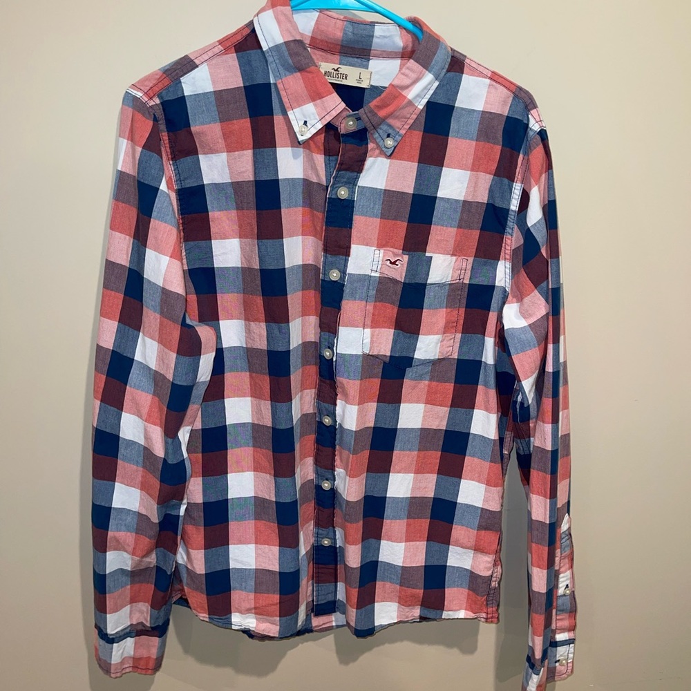 Hollister Men’s Blue, Orange, and White Checkered Button Down Shirt • Size Large